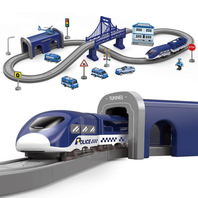 Wdmiya Train Sets for Boys 4-7  66 Pcs Battery Operated Train Set with Tracks(Magnetic Connection)  Compatible with Thomas  Brio  Chuggington  Gifts for 3 4 5 6 Years Old (66pcs Police) - Image 1